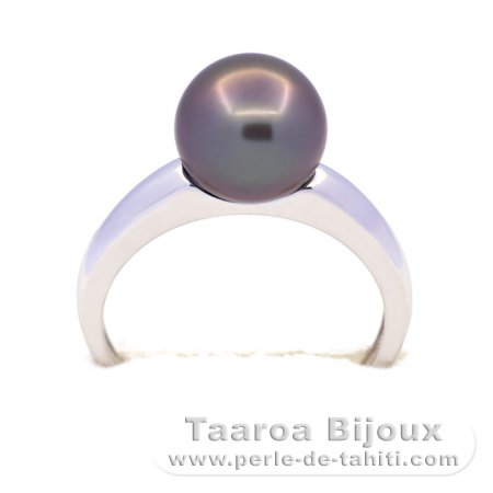 Rhodiated Sterling Silver Ring and 1 Tahitian Pearl Round B 9.3 mm