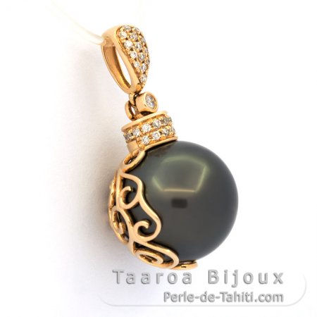 18K solid Gold Pendant + 35 diamonds and 1 Tahitian Pearl Round B 13.9 mm
