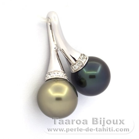 Rhodiated Sterling Silver Pendant and 2 Tahitian Pearls Round C 10.2 mm