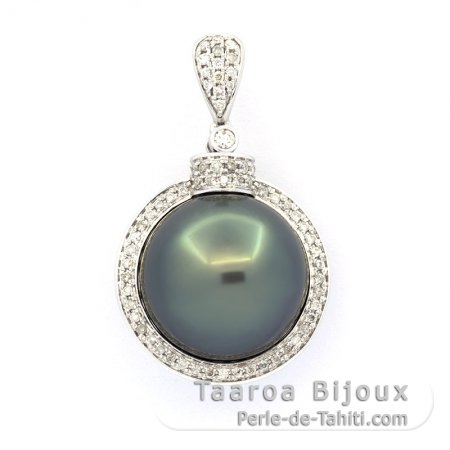 14K Solid White Gold + 74 diamonds and 1 Tahitian Pearl Round B 14.8 mm