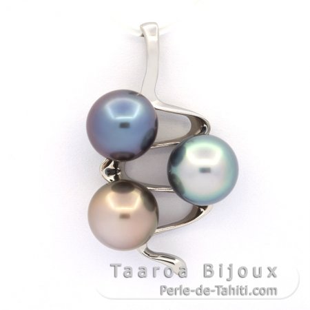 Rhodiated Sterling Silver Pendant and 3 Tahitian Pearls Near-Round C 9.8 to 10 mm