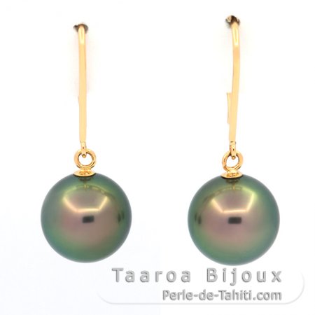 18K solid Gold Earrings and 2 Tahitian Pearls Round B 8.8 mm