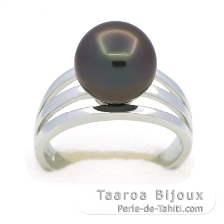 Rhodiated Sterling Silver Ring and 1 Tahitian Pearl Round C 10.4 mm