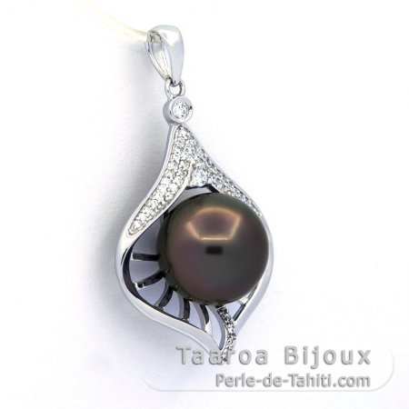 Rhodiated Sterling Silver Pendant and 1 Tahitian Pearl Round C 11.4 mm