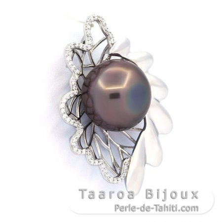 Rhodiated Sterling Silver Pendant and 1 Tahitian Pearl Semi-Baroque C 12.6 mm