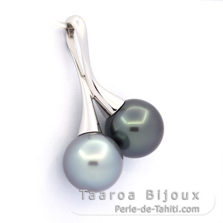 18K Solid White Gold Pendant and 2 Tahitian Pearls Round B 10.5 mm