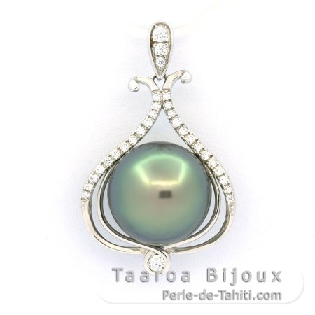 Rhodiated Sterling Silver Pendant and 1 Tahitian Pearl Round C 11.1 mm
