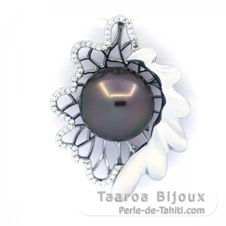 Rhodiated Sterling Silver Pendant and 1 Tahitian Pearl Semi-Baroque B 12.7 mm