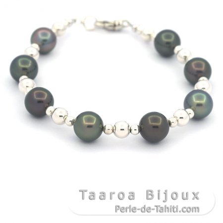Rhodiated Sterling Silver Bracelet and 8 Tahitian Pearls Round C 8.2 to 8.5 mm