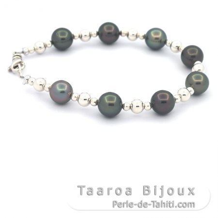 Rhodiated Sterling Silver Bracelet and 8 Tahitian Pearls Round C 8.2 to 8.5 mm