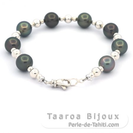 Rhodiated Sterling Silver Bracelet and 8 Tahitian Pearls Round C 8.2 to 8.5 mm