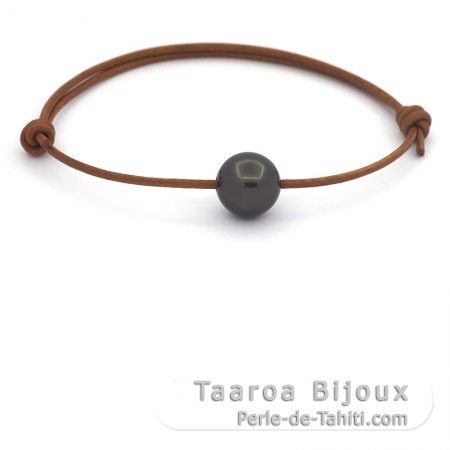 Leather Bracelet and 1 Tahitian Pearl Round C 10.5 mm