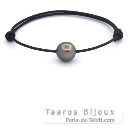 Leather Bracelet and 1 Tahitian Pearl Semi-Baroque AB 10.9 mm