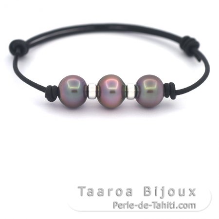 Leather Bracelet and 3 Tahitian Pearls Semi-Baroque B 10 mm