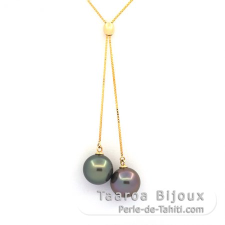 18K solid Gold Necklace and 2 Tahitian Pearls Round B 9.4 & 9.5 mm
