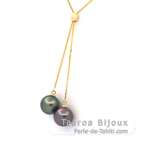 18K solid Gold Necklace and 2 Tahitian Pearls Round B 9.4 & 9.5 mm