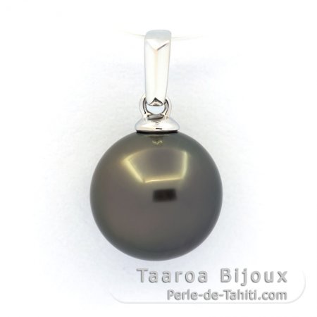 18K solid White Gold Pendant and 1 Tahitian Pearl Round B 9.7 mm