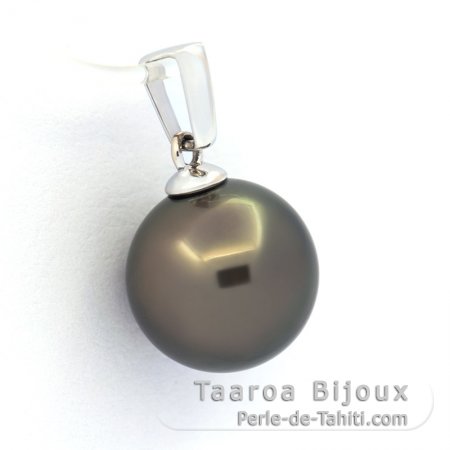 18K solid White Gold Pendant and 1 Tahitian Pearl Round B 9.7 mm