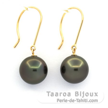 18K solid Gold Earrings and 2 Tahitian Pearls Round BC 9.2 mm