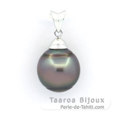 Rhodiated Sterling Silver Pendant and 1 Tahitian Pearl Ringed B/C 11.5 mm
