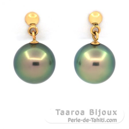 18K solid Gold Earrings and 2 Tahitian Pearls Round B 8.9 mm
