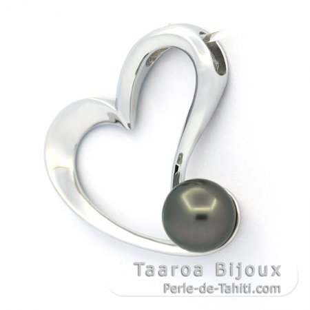 Rhodiated Sterling Silver Pendant and 1 Tahitian Pearl Near-Round C 8.5 mm