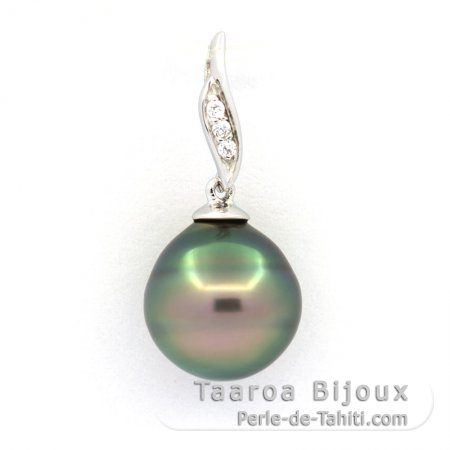 Rhodiated Sterling Silver Pendant and 1 Tahitian Pearl Ringed B 10.3 mm