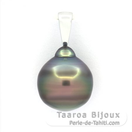 Rhodiated Sterling Silver Pendant and 1 Tahitian Pearl Ringed B 13.6 mm