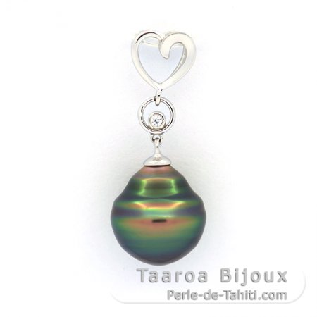 Rhodiated Sterling Silver Pendant and 1 Tahitian Pearl Ringed C 11.1 mm