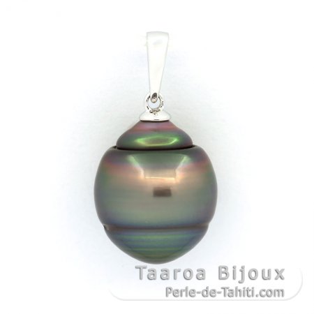 Rhodiated Sterling Silver Pendant and 1 Tahitian Pearl Ringed C 12.8 mm
