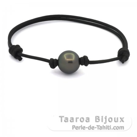 Leather Bracelet and 1 Tahitian Pearl Round C 12.3 mm