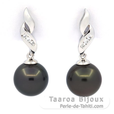 Rhodiated Sterling Silver Earrings and 2 Tahitian Pearls Round C 9.2 mm