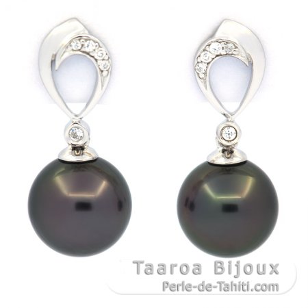 Rhodiated Sterling Silver Earrings and 2 Tahitian Pearls Round C 9.6 mm