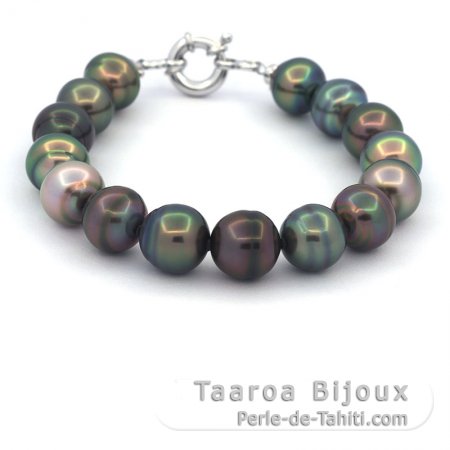 Bracelet with 15 Tahitian Pearls Ringed C 10.5 to 10.9 mm and Rhodiated Sterling Silver