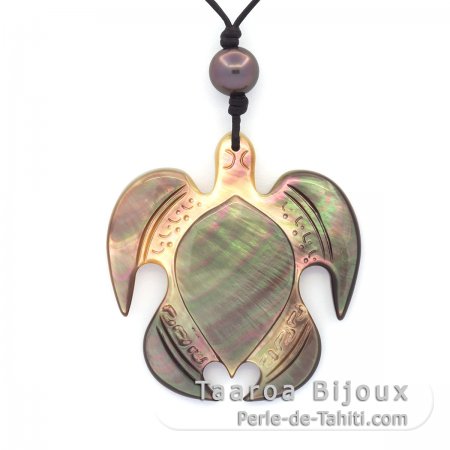 Leather Necklace and 1 Tahitian Pearl Round C 9.5 mm