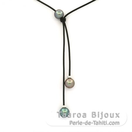 Leather Necklace and 3 Tahitian Pearls Round C 9.3 to 9.7 mm