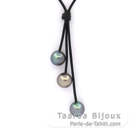 Leather Necklace and 3 Tahitian Pearls Near-Round C from 10.1 to 10.3 mm -  Taaroa Bijoux - Mataiea, French Polynesia