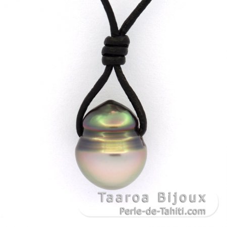 Leather Necklace and 1 Tahitian Pearl Ringed C 10.1 mm
