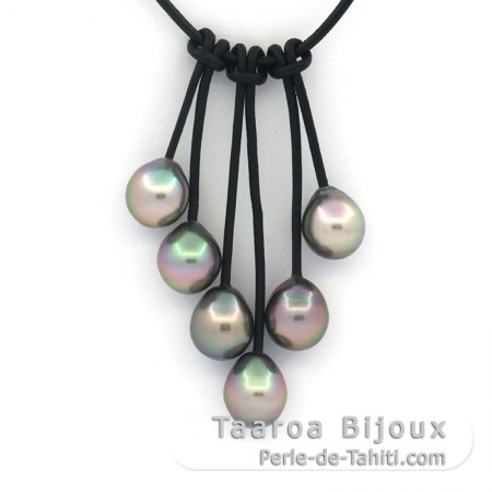 Leather Necklace and 6 Tahitian Pearls Semi-Baroque B/C from 8.7 to 8.8 mm