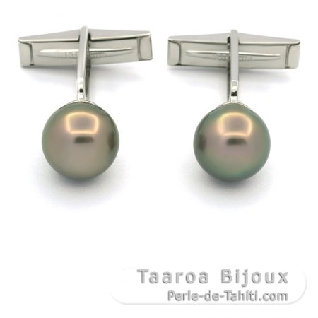 Rhodiated Sterling Silver Cufflinks and 2 Tahitian Pearls Round C 10.7 mm