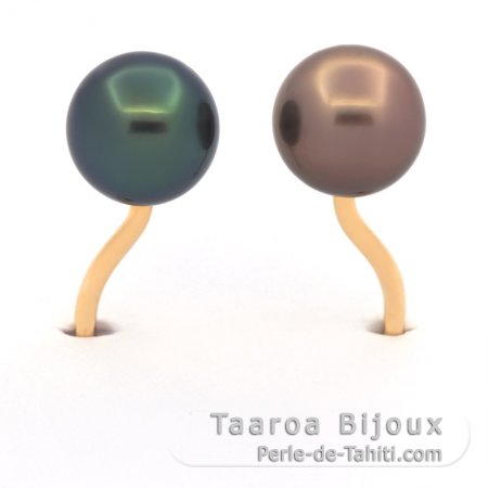 18K Solid Gold Ring and 2 Tahitian Pearls Round B 8.6 mm