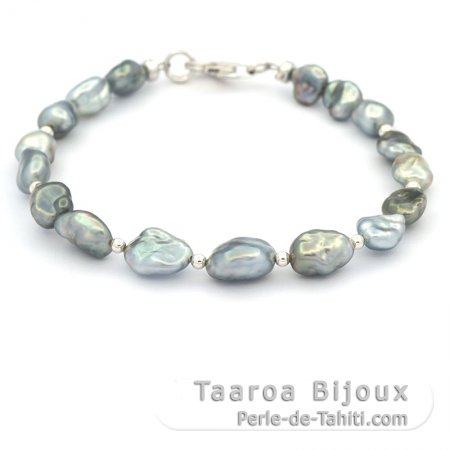 Bracelet of 17 Tahitian Keishis and Sterling Silver
