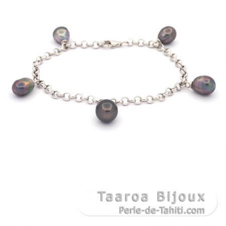 Rhodiated Sterling Silver Bracelet and 5 Tahitian Keishis