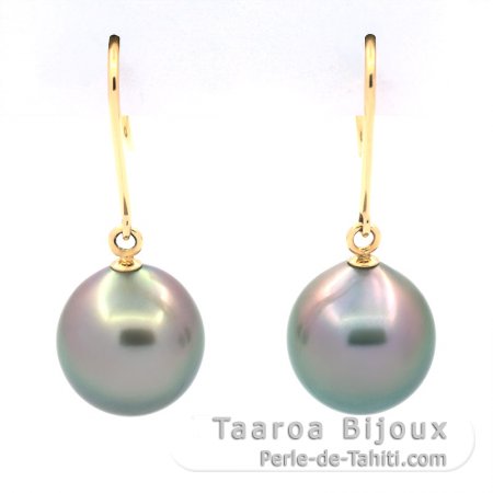 14K solid Gold Earrings and 2 Tahitian Pearls Semi-Baroque B 9.5 mm