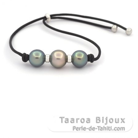 Leather Bracelet and 3 Tahitian Pearls Round CD 10.2 and 10.7 mm