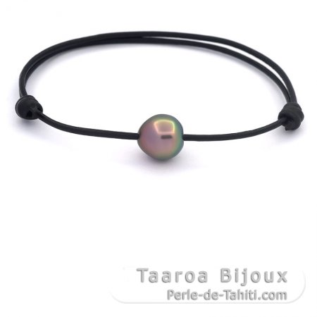 Leather Bracelet and 1 Tahitian Pearl Semi-Baroque AB 10.8 mm