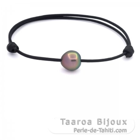 Leather Bracelet and 1 Tahitian Pearl Semi-Baroque A/B 10.8 mm