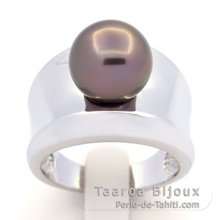Rhodiated Sterling Silver Ring and 1 Tahitian Pearl Round B 10.8 mm