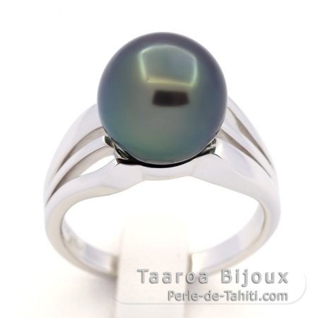 Rhodiated Sterling Silver Ring and 1 Tahitian Pearl Round B C 10.9 mm