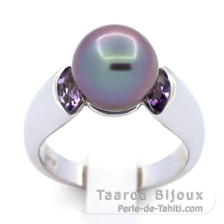Rhodiated Sterling Silver Ring and 1 Tahitian Pearl Round B+ 9.8 mm